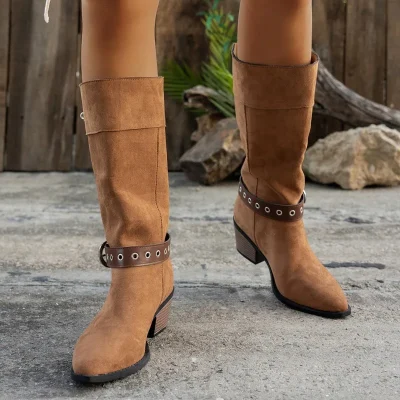 Thick Heel Suede Sexy Pointed Toe Boots for Women