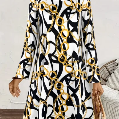 Women's Black-White Abstract & Gold Chain Print Dress