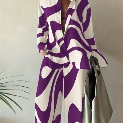 【Plus Size】Two-Piece Set Abstract Print Open Front