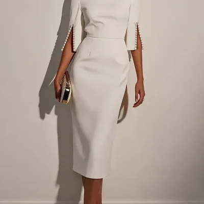 Women's Elegant Round Neck Half Sleeve Midi Dress