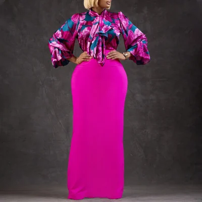 2 Pieces Women's Skirts and Top Shirts Bow Collar