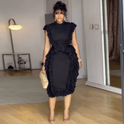 Elegant Women Ruffles Dress Sleeveless Round Neck